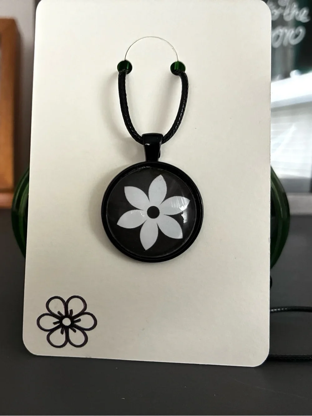 Hand Crafted Black Pendant Necklace with White Flower Motif